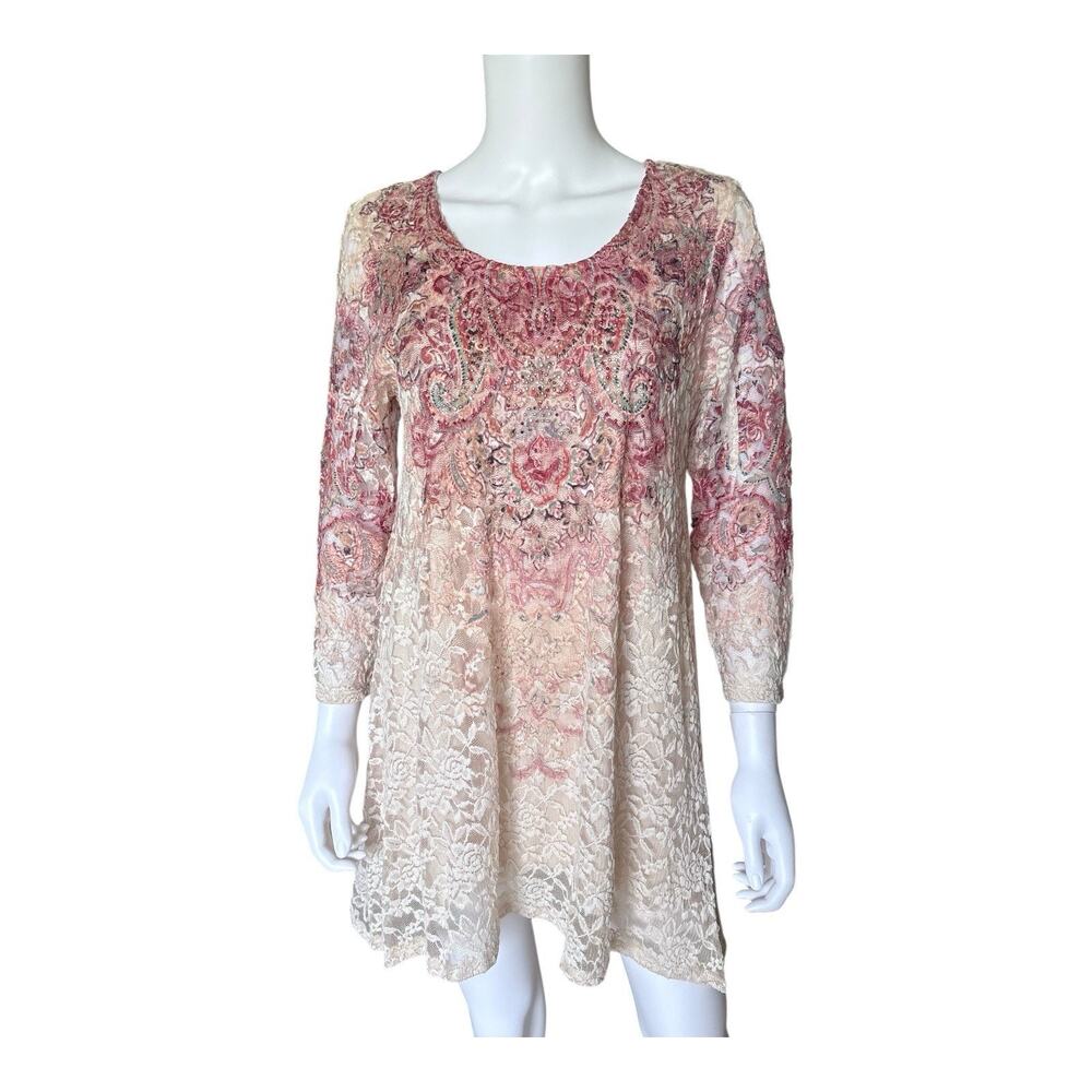 Cal Style Paisley Lace Tunic Top Womens Medium Studded 3/4 Sleeve Boho NWT